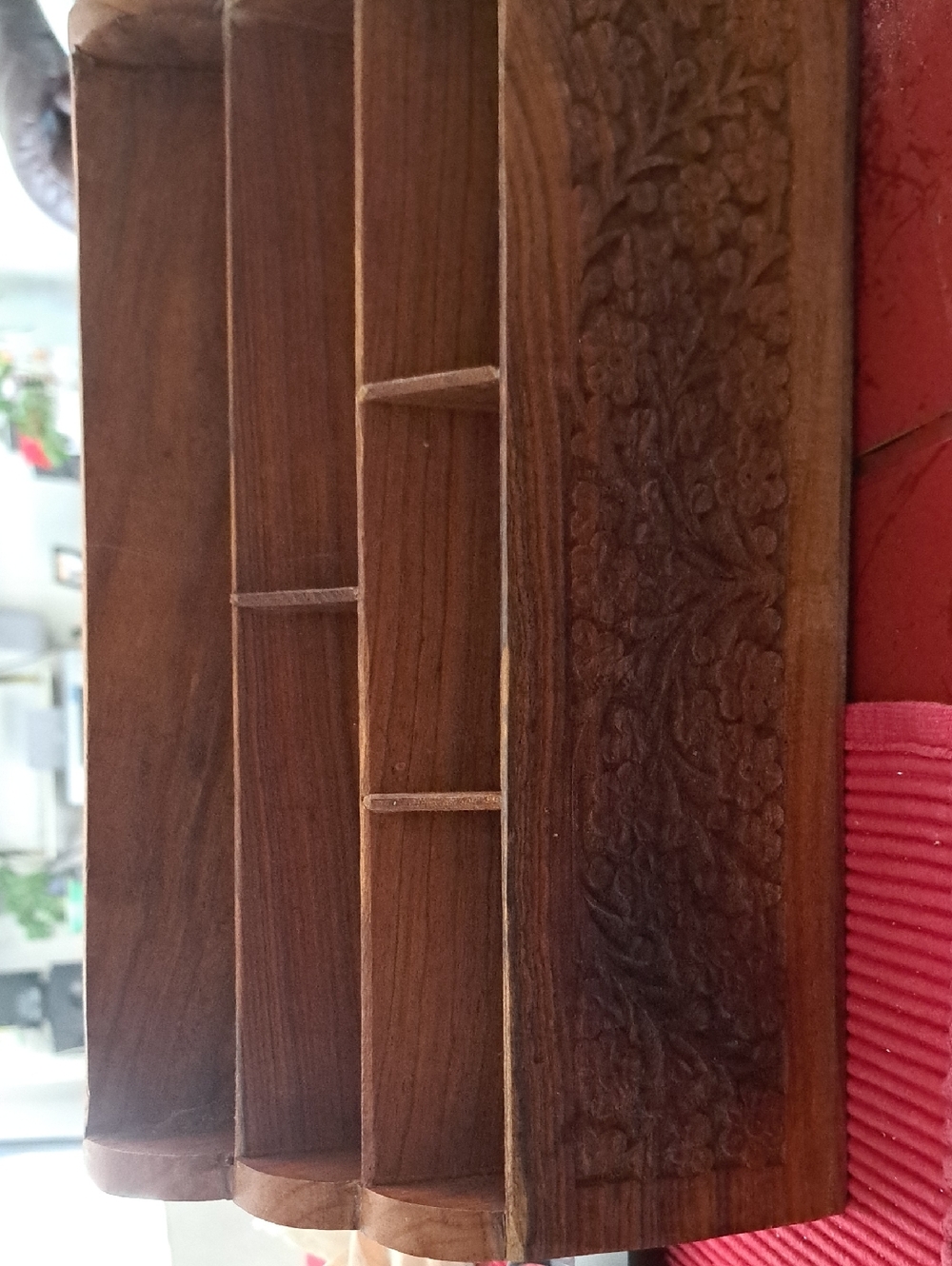 India Boutique Carved Wooden Desk Organizer in Brown with Red Accent